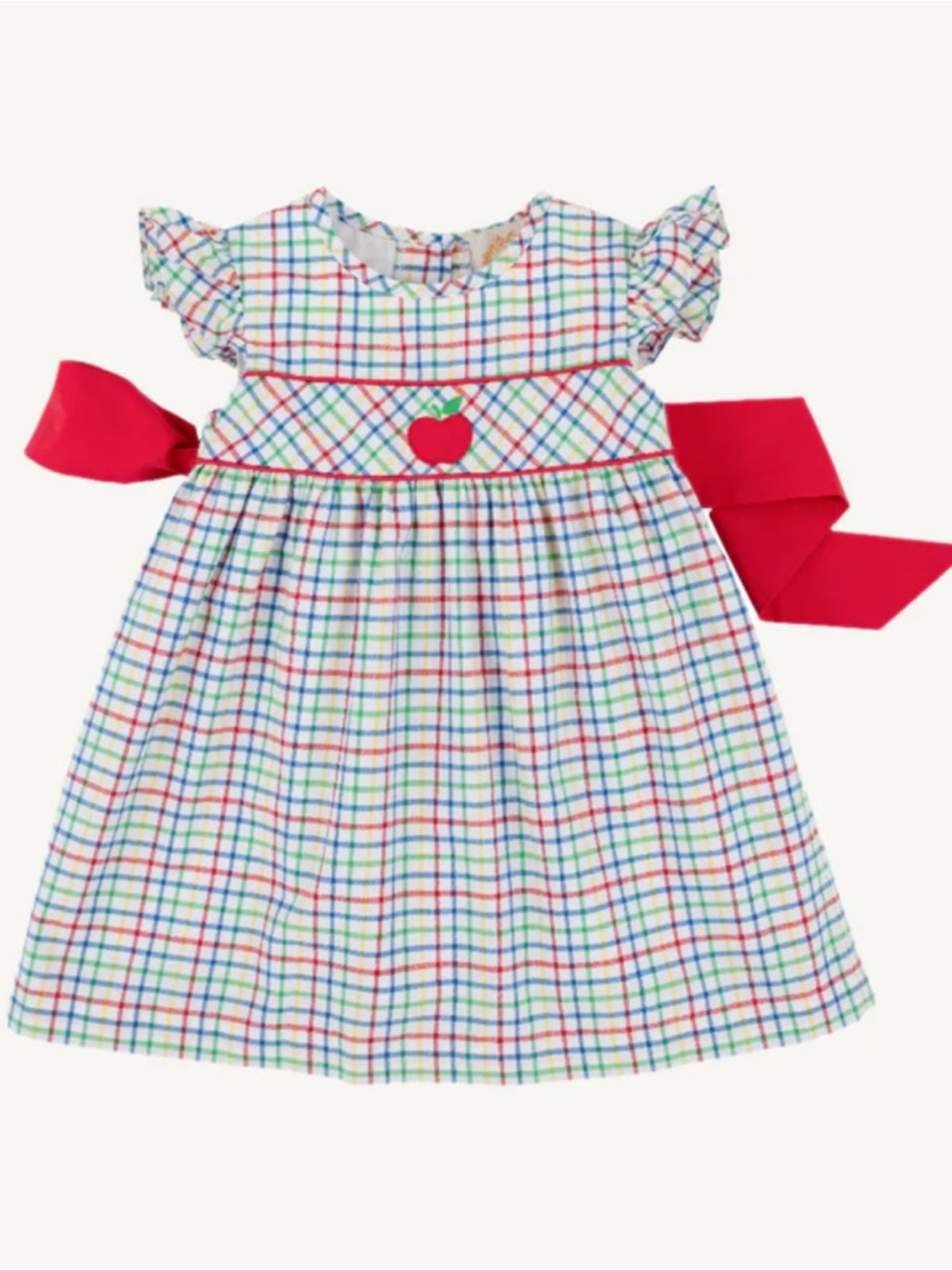 The Beaufort Bonnet Company White Plaid Dress with Red Sash and Apple Appliqué